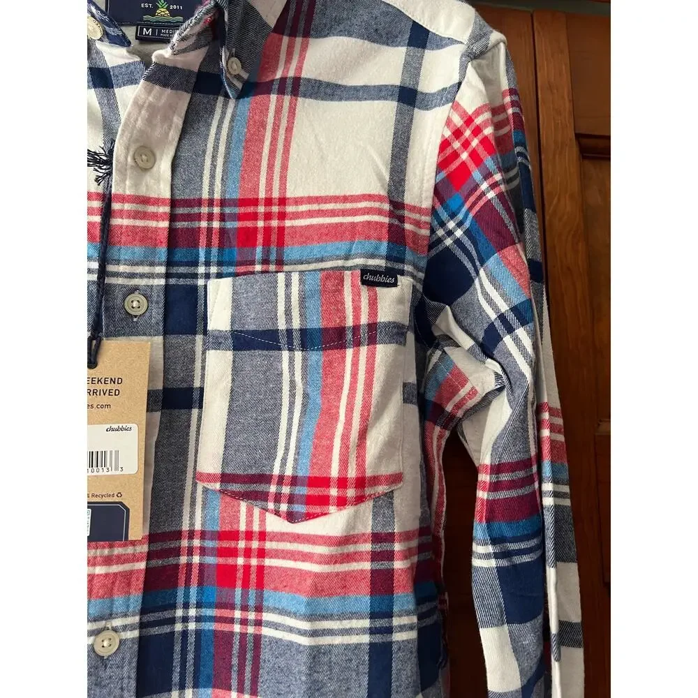 NWT Chubbies Mens The All Around Stretch Flannel Button Down Shirt Red Blue SZ M